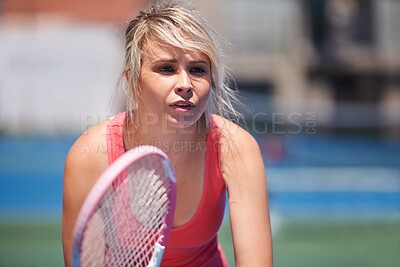 Buy stock photo Tennis, sport or woman with racket on court for competition, match or training outdoor with concentration. Player, person or game with exercise, workout or competitive for wellness and fitness 