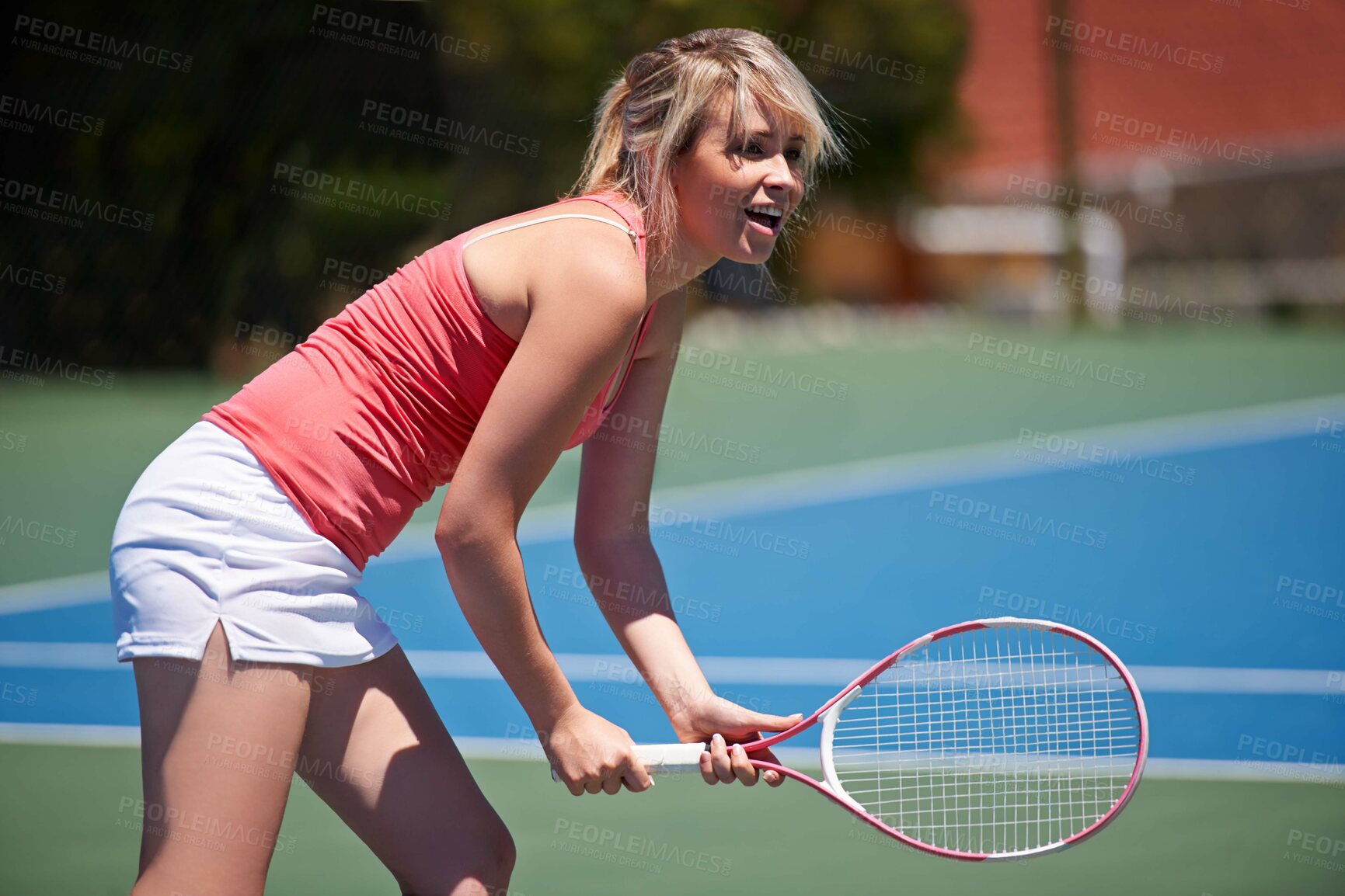 Buy stock photo Tennis, sport or woman with racket on court for competition, match or training outdoor with happiness. Player, person or game with exercise, workout or competitive with wellness or fitness in summer 