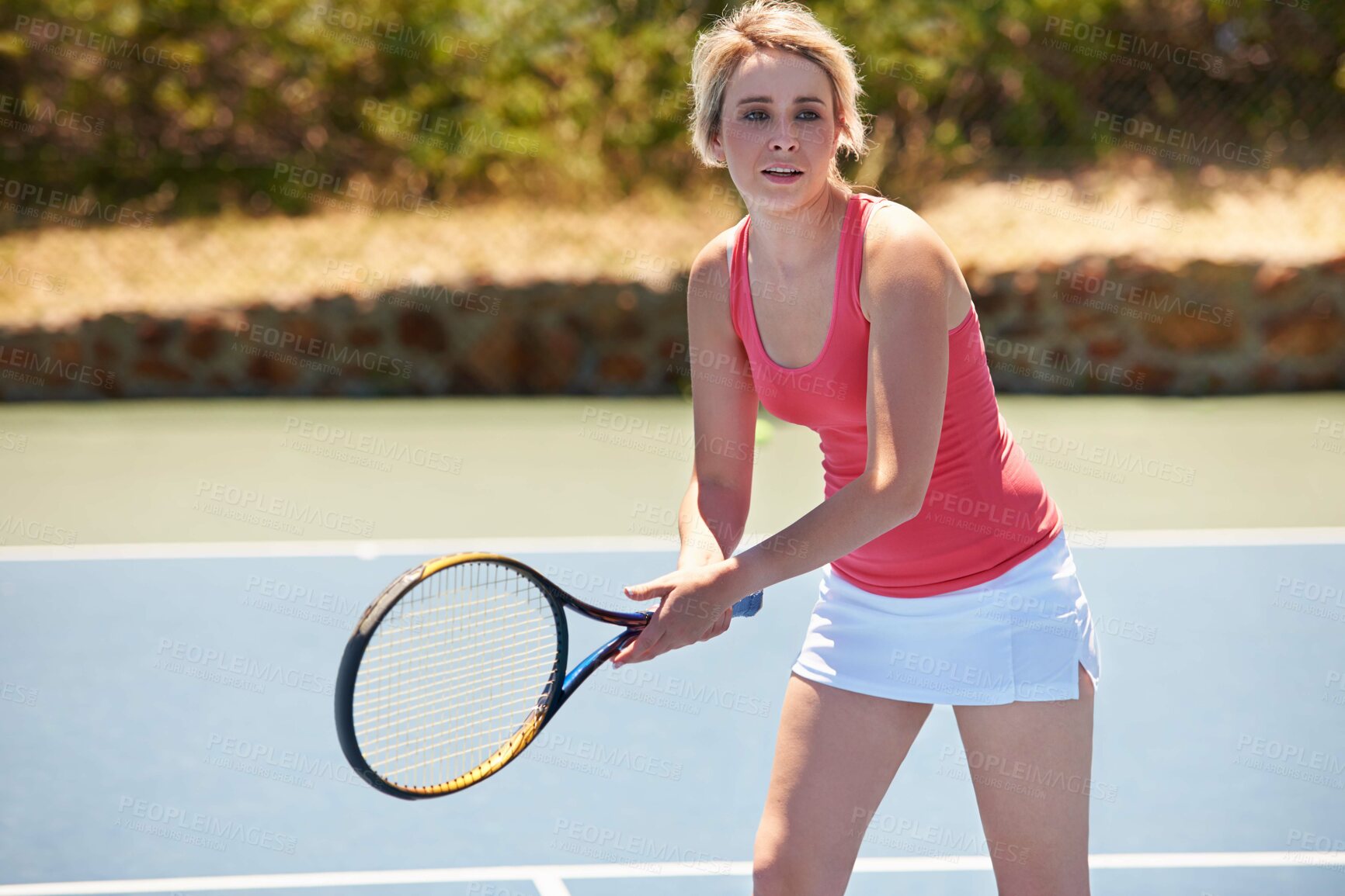Buy stock photo Tennis, sport or woman with racket on court for competition, match or training outdoor with action. Player, person or game with exercise, workout or competitive with wellness and fitness in summer 