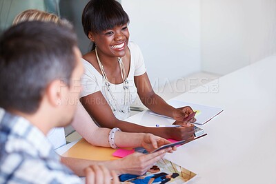 Buy stock photo Creative, woman and smile with swatch in office for business meeting with team for career in design. Diversity, female manager and happiness for collaboration, discussion and strategy for project
