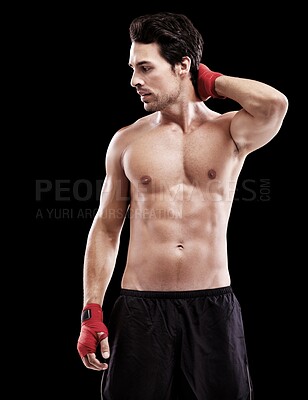 Buy stock photo Man, thinking and fitness with fighter in a studio ready for boxing training and workout. Body, athlete and male boxer from Brazil with exercise, sport and wellness for battle with black background