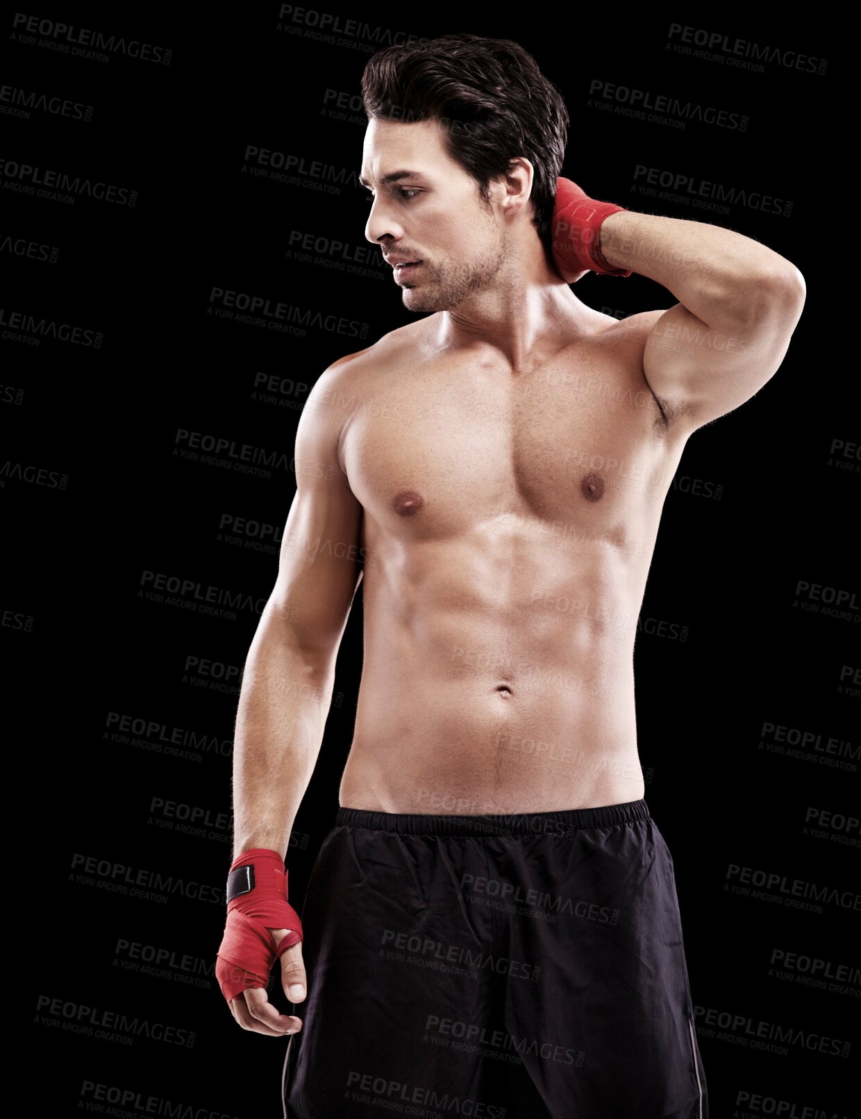 Buy stock photo Man, thinking and fitness with fighter in a studio ready for boxing training and workout. Body, athlete and male boxer from Brazil with exercise, sport and wellness for battle with black background