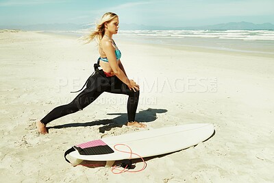 Buy stock photo Travel, stretching and woman on beach with surfboard for sports, exercise or fitness in summer. Health, training and view of water with young surfer person getting ready on sand by sea or ocean