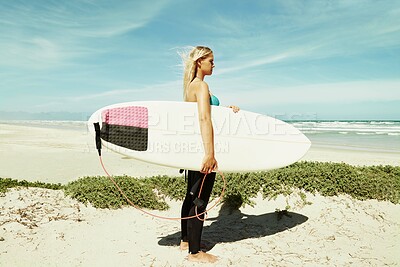 Buy stock photo Beach, sports and woman in wind with surfboard on vacation or holiday for training, fitness and exercise. Profile, nature and sand with confident young surfer person in tropical location for travel