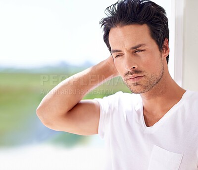 Buy stock photo Serious, man and thinking about fashion outdoor in summer with memory of vacation or holiday. Casual, style and calm person relax in sunshine and remember idea for travel to Miami and Florida