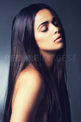 Buy stock photo Hair, beauty and woman with skin, cosmetics treatment or keratin for growth and tattoo on grey background. Dermatology, long and straight hairstyle with haircare, wellness and skincare in studio