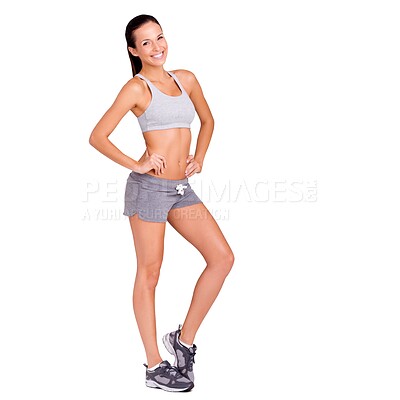 Buy stock photo Studio, woman or confident in portrait for exercise in gym clothes, fitness or weight loss by white background. Mexican model, happy face or workout in aerobics for health or training for strong body