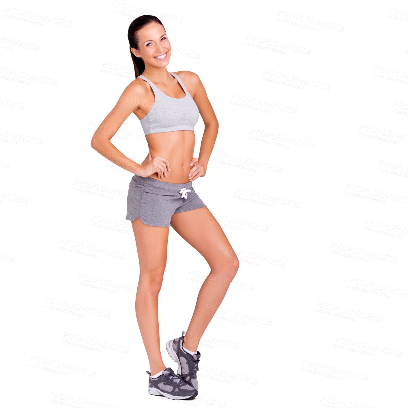 Buy stock photo Studio, woman or confident in portrait for exercise in gym clothes, fitness or weight loss by white background. Mexican model, happy face or workout in aerobics for health or training for strong body