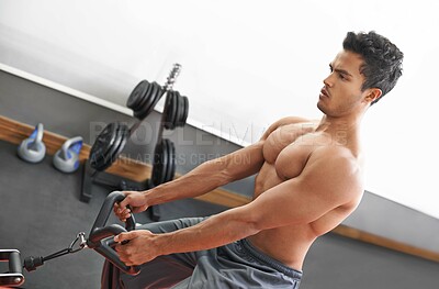 Buy stock photo Man, workout and cable exercise for arms in gym or muscle performance or bodybuilder training, fitness or strong. Male person, shirtless and equipment in Miami for chest routine, health or wellbeing