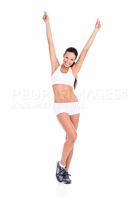 Buy stock photo Woman, excited and portrait with sportswear in studio for workout, athletic and active for healthy slim body. Female person, celebrating and wellness for fit figure with win on a white background