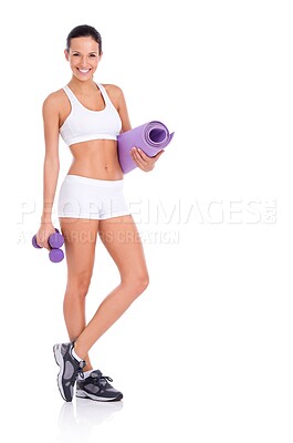 Buy stock photo Body, portrait and woman and yoga mat for exercise, health and wellness with smile in studio. Pilates, fitness and happy girl in sportswear for weight loss, confidence and mockup on white background.