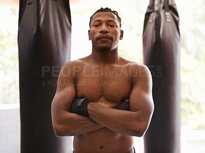 Buy stock photo Fitness, boxing and portrait of black man in gym for challenge, arms crossed and competition training. Power, muscle and serious face of champion boxer at workout with confidence in sports club.