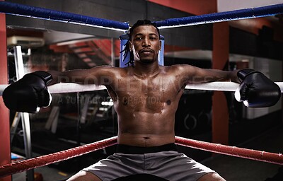 Buy stock photo Boxing male person, ring and gym for sport, match and portrait with braids and shirtless with gloves. Black male boxer, sport and training gear for mma, exercise and fitness for workout and fight