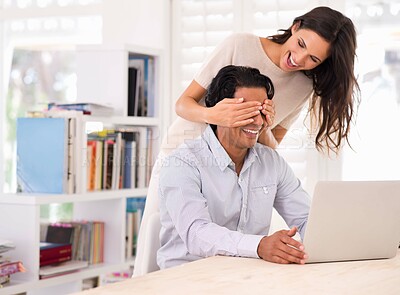 Buy stock photo Couple, surprised and covering eyes in home office for anniversary, love or visit while laughing. Married people, happy and funny at remote work and technology for affection, jokes and playfulness 