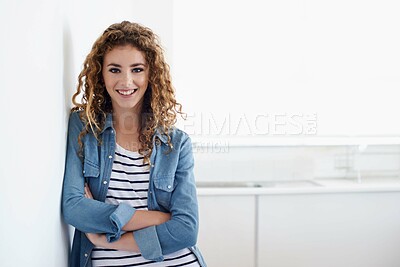 Buy stock photo Smile, crossed arms and portrait of woman designer in office planning project with vision board. Happy, career and confident young female person working on creative startup business in workplace.