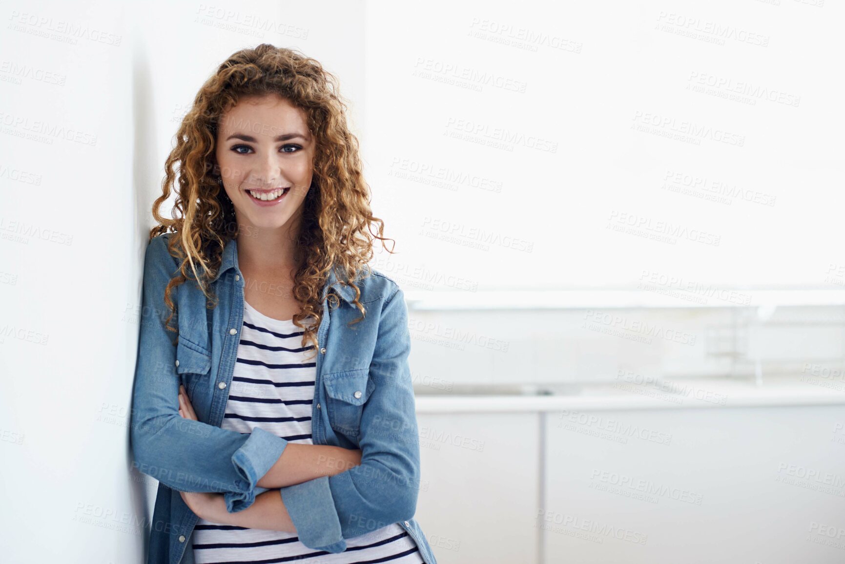Buy stock photo Smile, crossed arms and portrait of woman designer in office planning project with vision board. Happy, career and confident young female person working on creative startup business in workplace.
