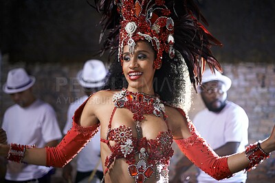 Buy stock photo Artist, dancer and performance of samba by woman in Rio de Janeiro, happiness and celebration with energy. Female person, culture and clothes from feather for fashion in carnival, music and Brazil