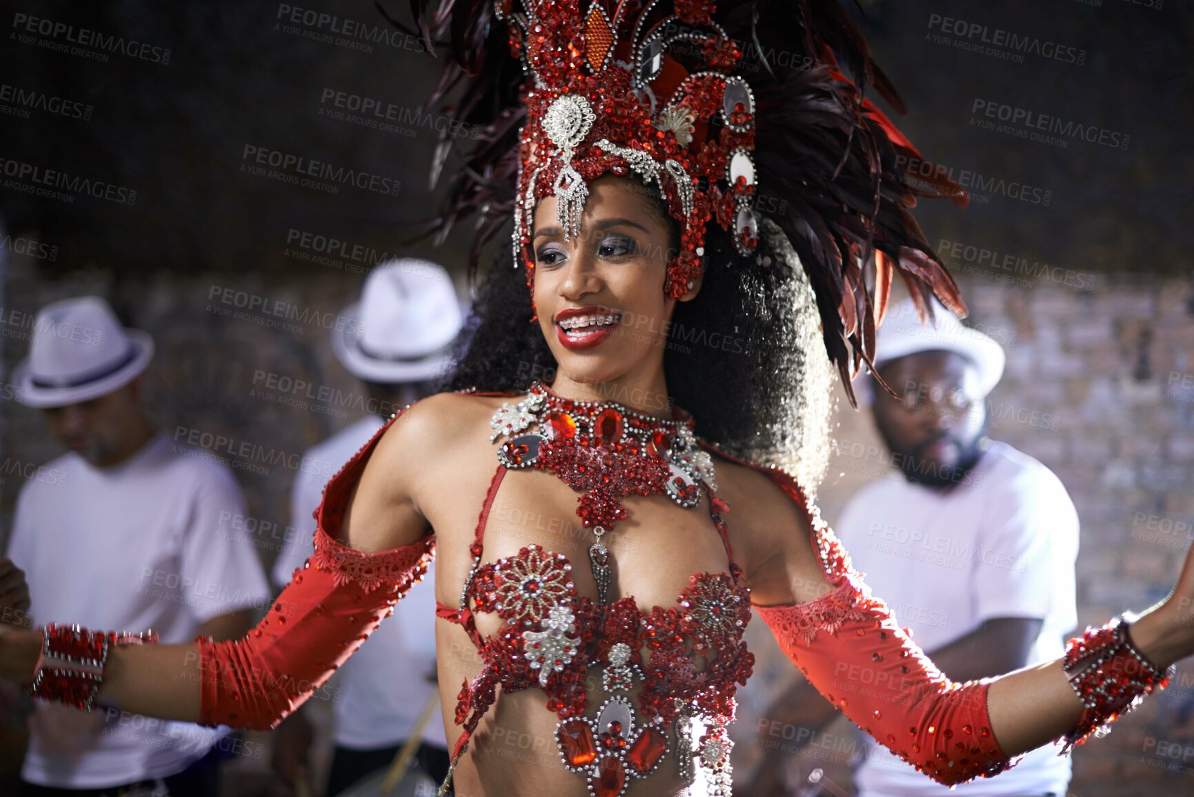 Buy stock photo Artist, dancer and performance of samba by woman in Rio de Janeiro, happiness and celebration with energy. Female person, culture and clothes from feather for fashion in carnival, music and Brazil