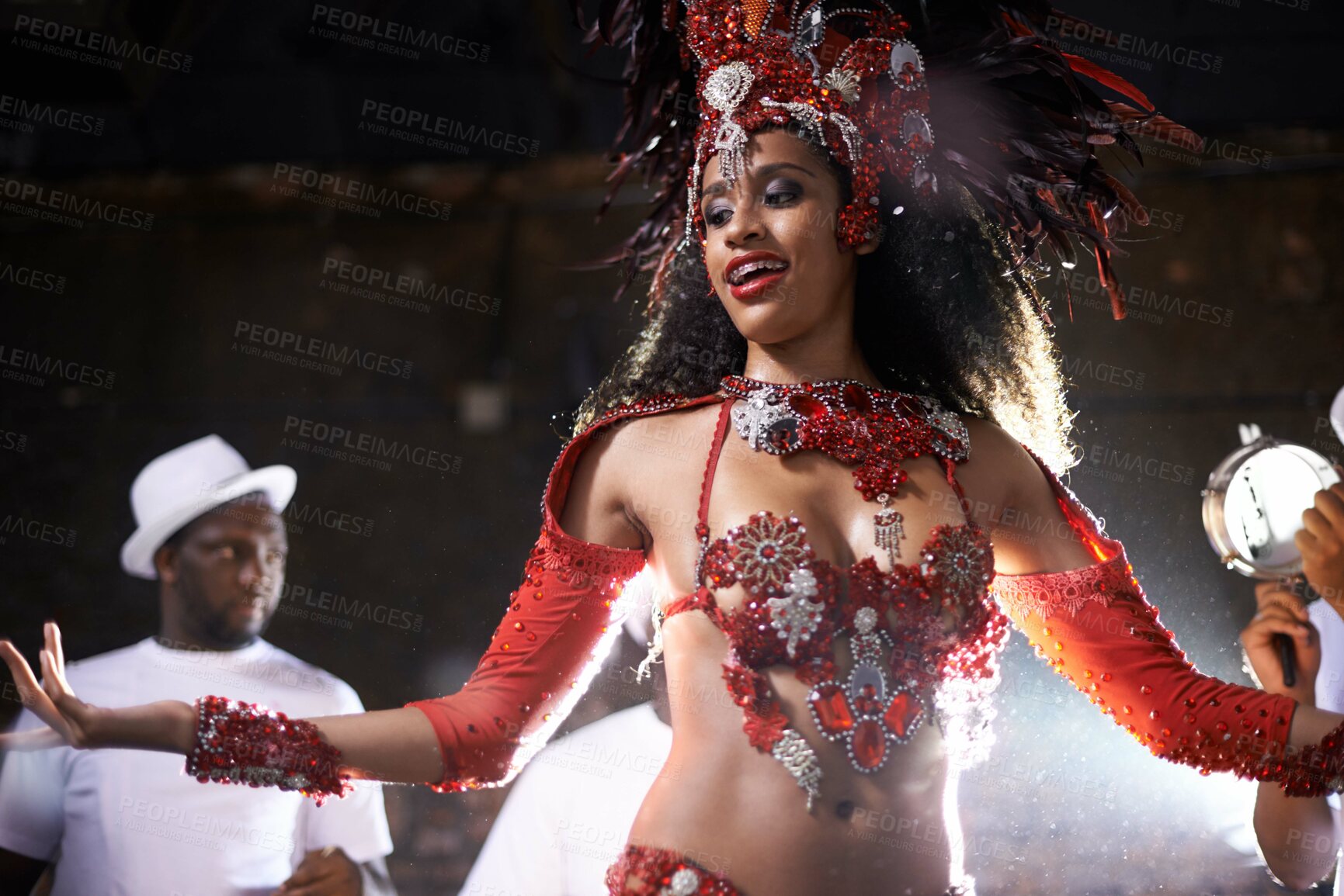 Buy stock photo Black woman, samba performance with band at night for carnival season celebration in Rio de janeiro with sequins costumes. Female person, happy and dancing at festival with unique fashion for culture