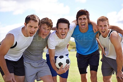 Buy stock photo Soccer, men and hug in portrait with group at game for fitness, exercise and happy with sport. People, teamwork and embrace with pride for support, solidarity or football with friends in competition