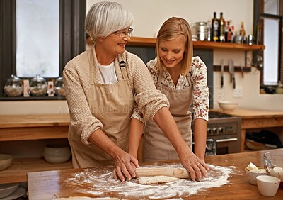 Buy stock photo Mother, daughter and senior woman teaching baking, recipe or tips for bonding, love or dinner in kitchen for food, dining or nutrition. Female people, family or cooking for dessert, eating or supper