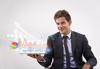 Buy stock photo Portrait, future and businessman with graph on tablet for  analysis of stock market investment. Happy face, technology and broker with chart for finance data isolated on a white studio background