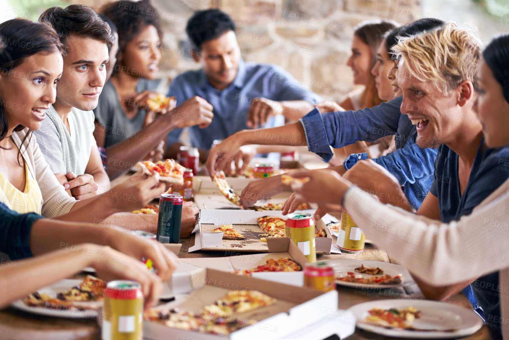 Buy stock photo Group, friends and party with pizza, celebration and diversity for joy or fun with youth. Men, women and fast food with drink, social gathering and snack for lunch or eating at italian pizzeria