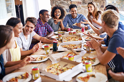 Buy stock photo Group, friends and party with pizza, lunch and diversity for joy or fun with youth. Men, Women and fast food with drink, social gathering and snack for celebration or eating at italian pizzeria