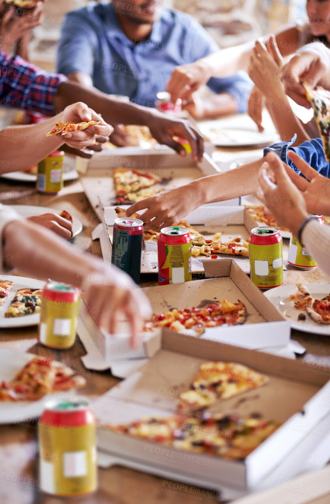Buy stock photo Group, friends and party with pizza, beverage and diversity for joy or fun with youth. People, soda and fast food with drink, social gathering and snack for lunch or eating at italian pizzeria