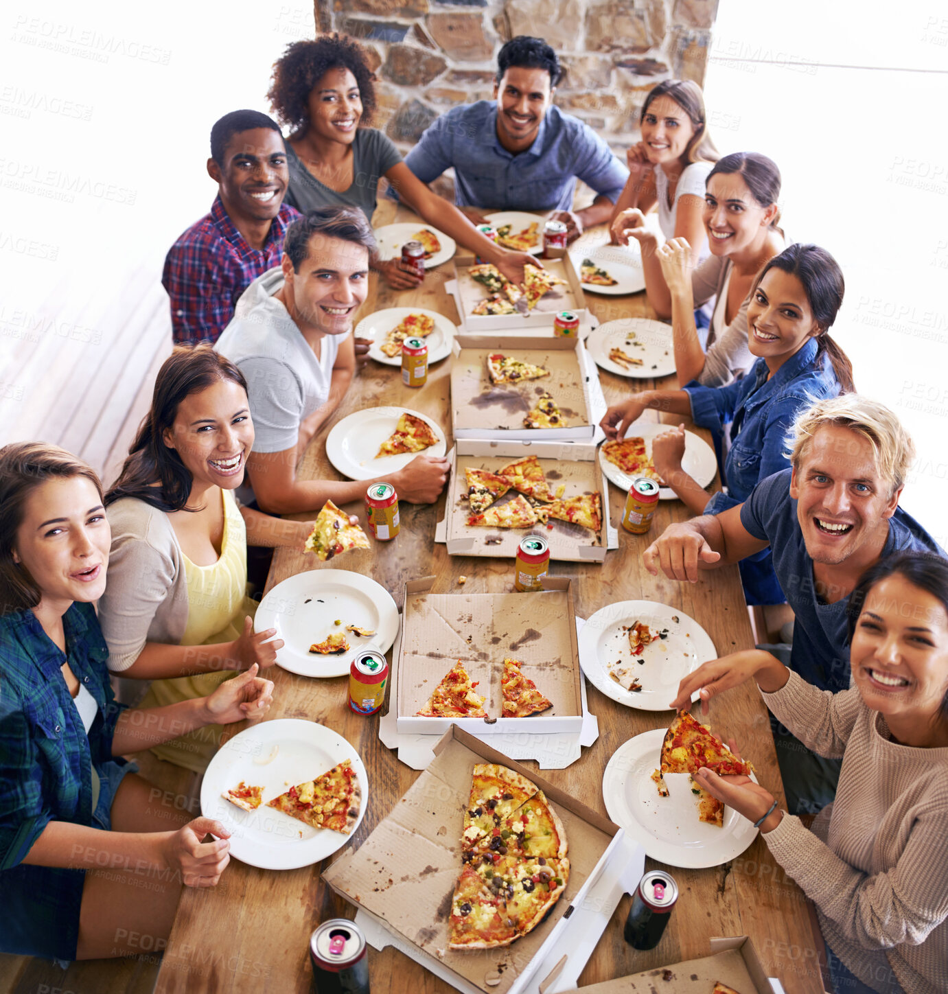 Buy stock photo Group, friends and party with pizza, diversity and high angle for joy or celebration for youth. Men, women and fast food with drink, social gathering and snack for lunch or eating at italian pizzeria