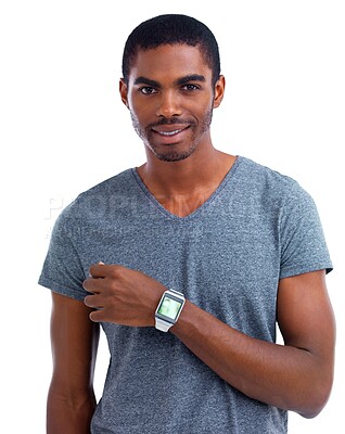 Buy stock photo Portrait, black man or screen on smart watch technology or digital for schedule isolated on white background, Studio, arm or menu display network gadget for futuristic applications or notification