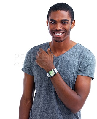 Buy stock photo Portrait, smartwatch and black man with smile, screen and model isolated on a white studio background. Face, African person and guy with technology or check time with progress, tracker or digital app