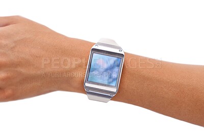 Buy stock photo Hand, smart watch and icons technology or screen for schedule planning on white background, location or studio. 
Person, wrist and display network gadget or futuristic applications, notes or browsing