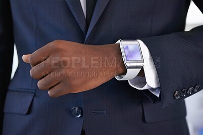 Buy stock photo Businessman, wrist and smart watch on arm for online schedule, digital agenda and high tech for job. Black man, hand and technology with screen for clock access, network and check time at work