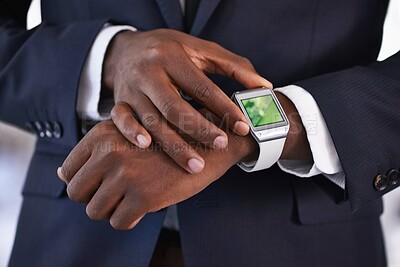 Buy stock photo Hand, smart watch and email icons or screen for business networking or corporate, schedule or futuristic. Person, wrist and applications or technology for planning display, connect or notification