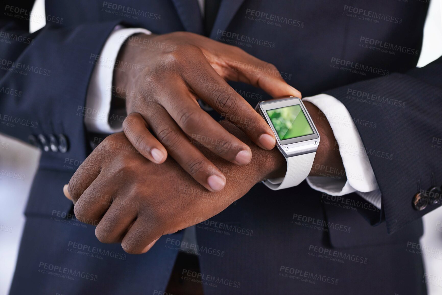 Buy stock photo Hand, smart watch and email icons or screen for business networking or corporate, schedule or futuristic. Person, wrist and applications or technology for planning display, connect or notification