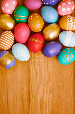 Buy stock photo Easter egg, pattern and decoration design for chocolate season with presents or festive vacation, food or dessert. Shell, handcraft and traditional candy for break in Canada, wooden floor or sweets