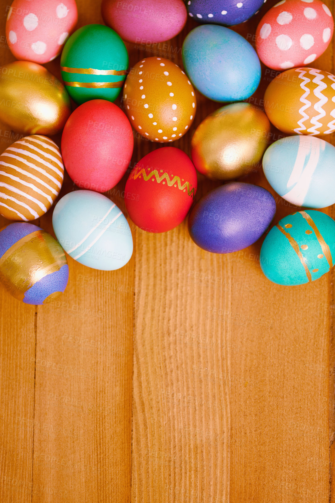 Buy stock photo Easter egg, pattern and decoration design for chocolate season with presents or festive vacation, food or dessert. Shell, handcraft and traditional candy for break in Canada, wooden floor or sweets