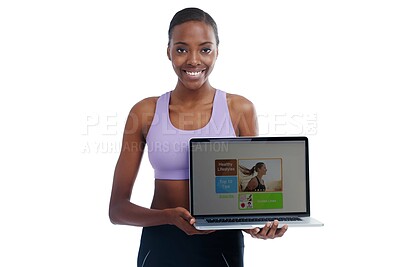 Buy stock photo Portrait, fitness and laptop screen with happy black woman in studio isolated on white background. Exercise, smile and computer display with confident young sports model advertising healthy lifestyle