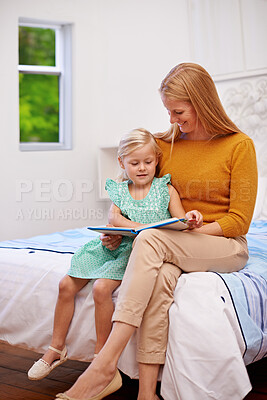 Buy stock photo Mother, happy and kids book for bed in bedroom at family home with fantasy story for development. Love, care and support of a mom with a girl together with bonding and learning for youth education