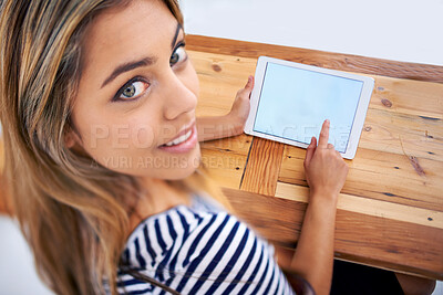 Buy stock photo Businesswoman, tablet and portrait with smile, screen and desk and workspace in office. Data analyst, female person and corporate with technology for online, connectivity and results for project