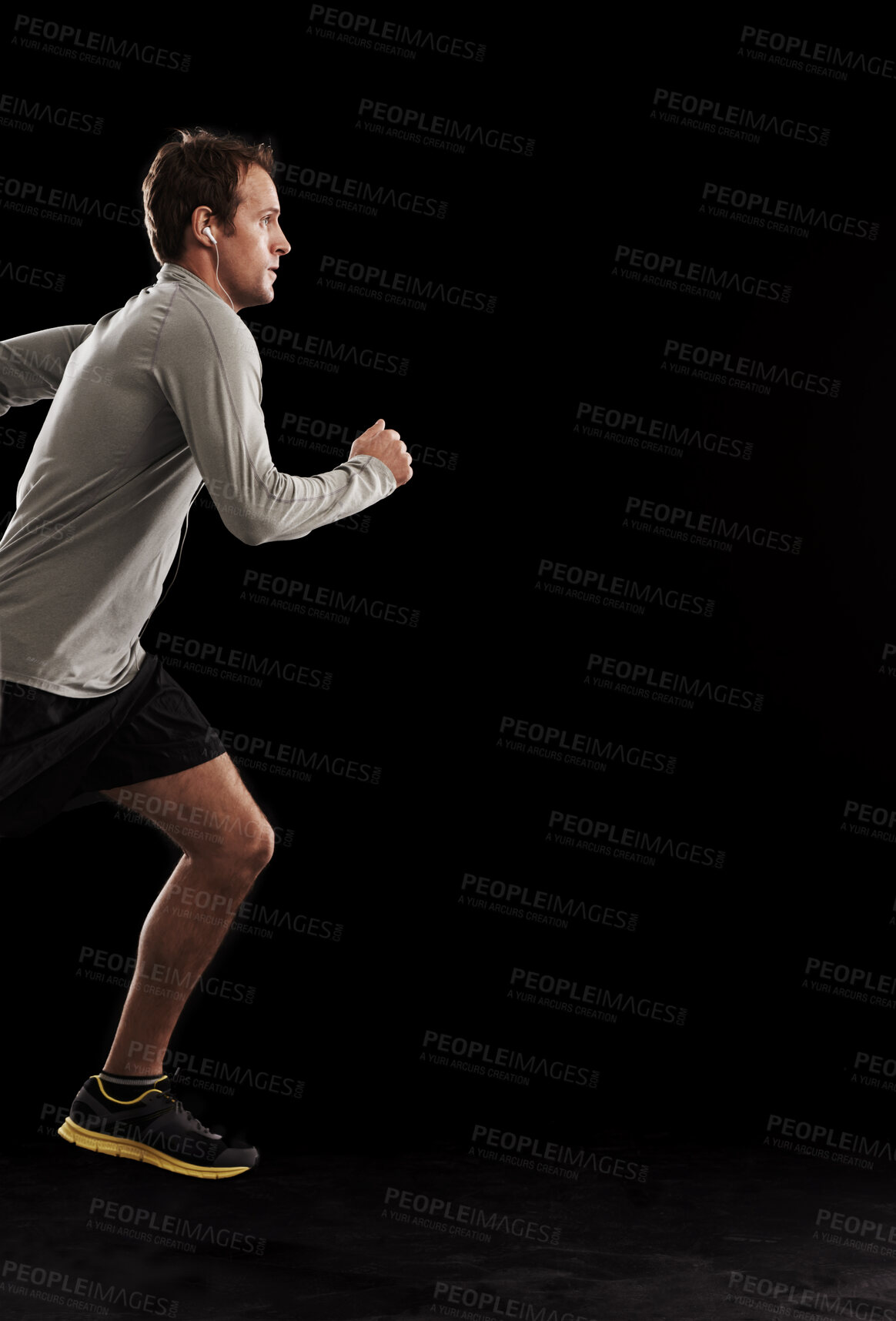 Buy stock photo Man, cardio and running exercise in studio for athlete performance or marathon, training or black background. Male person, fitness and sports with mockup space for healthy, workout or competition