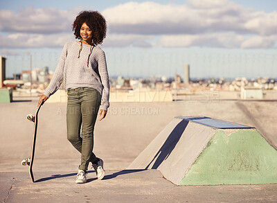 Buy stock photo Portrait, fashion and black woman for exercise, hobby and skating in park with skateboard in city. Skater, fitness and face of female person for trendy, edgy and hipster clothing in urban town
