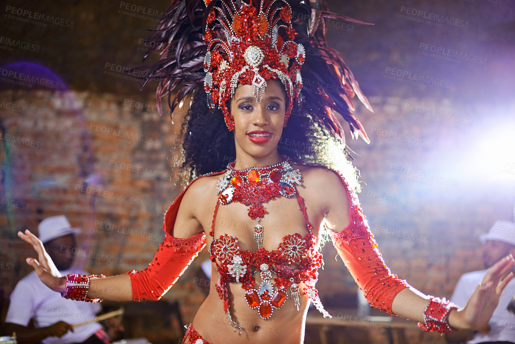 Buy stock photo Women, fashion and samba dancer for performance with smile for passion, talent and drums for music in Brazil. Portrait, costume and band at event or disco with entertainment, celebration and heritage