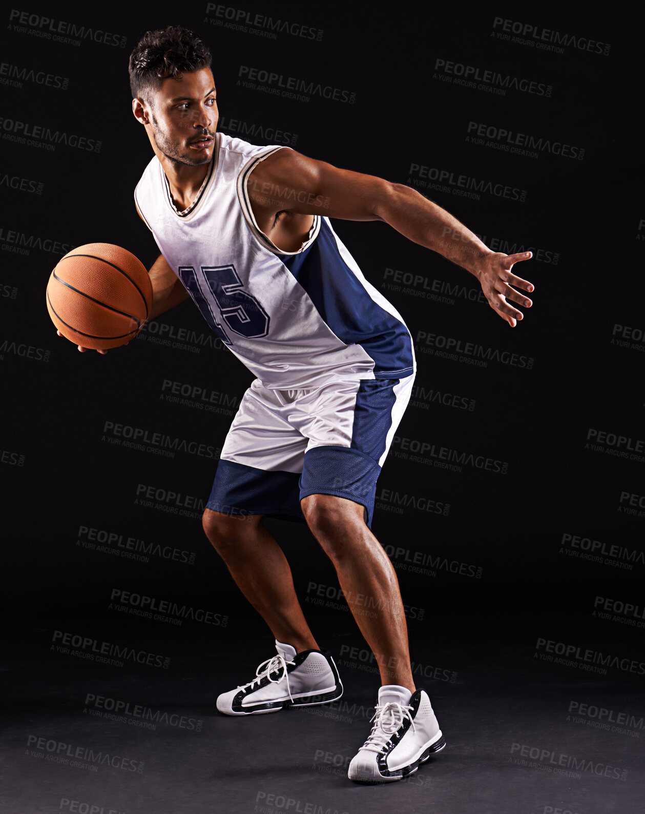 Buy stock photo Man, sport and basketball player in studio for fitness, competition and training on black background. Professional athlete, career and exercise with ball for game, hobby and healthy model in action