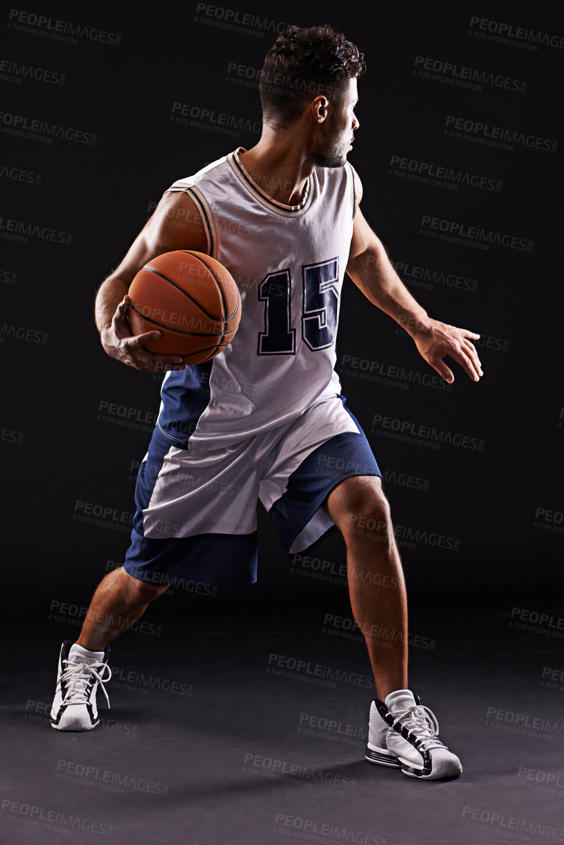 Buy stock photo Man, action and basketball player in studio for sports, competition and fitness on black background. Professional athlete, career and exercise with ball for game, hobby and healthy model in training