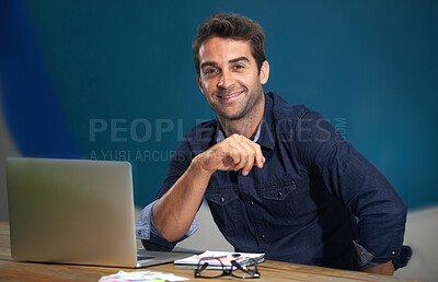 Buy stock photo Portrait, relax or man on laptop for copywriting, information and email for blog, article and research in a startup. Journalist, freelancer and confident writer on break in modern office with notes
