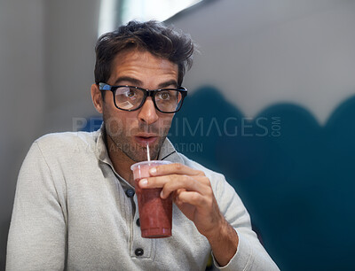 Buy stock photo Man, relax or vision as thinking, drink or planning of natural brain food as healthy milkshake. Entrepreneur, idea or fruit smoothie in coffee shop to dream of organic, nutrition or detox opportunity