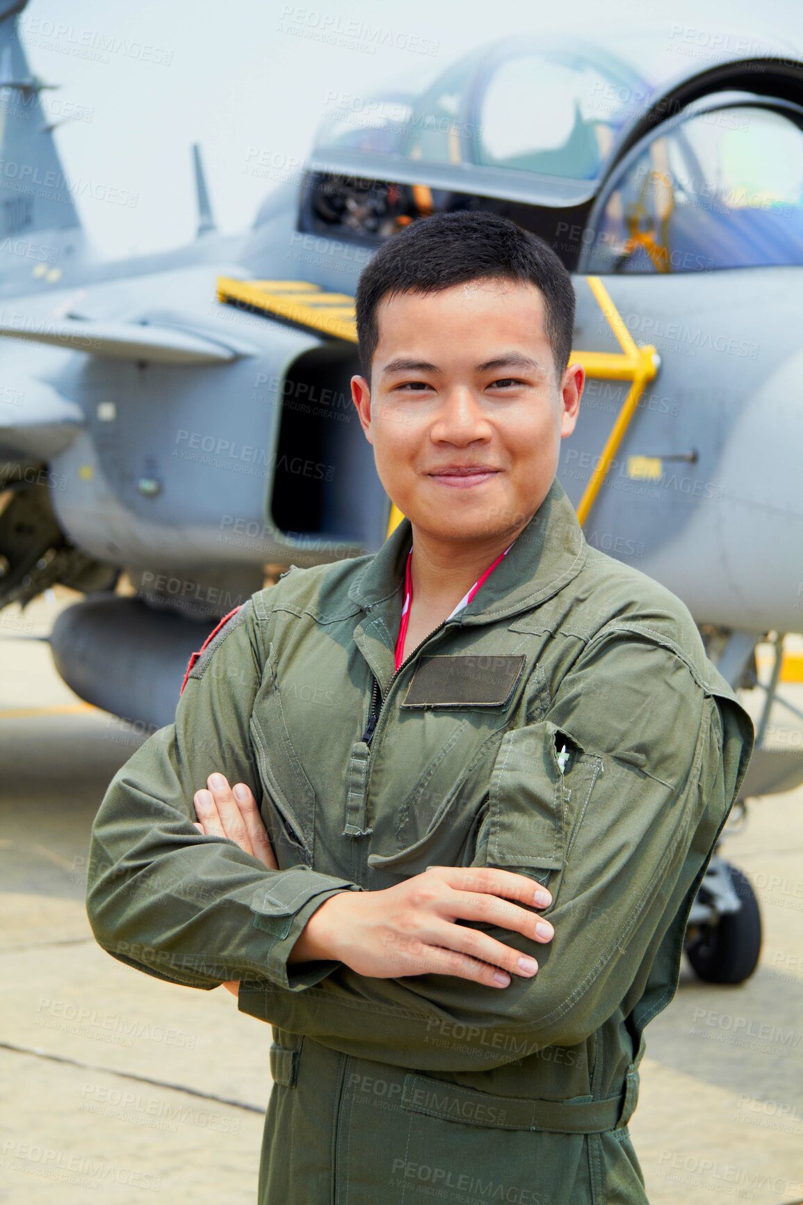Buy stock photo Portrait of man, pilot in military with jet and confident smile at airforce base with arms crossed in Korea. Freedom, transport and proud Asian soldier with airplane, confident and service in army.