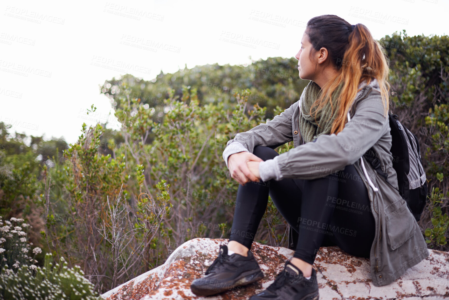 Buy stock photo Woman, hill and think on hiking adventure in forest for leisure or fitness routine for exercise and hobby. Female person, outdoor and woods or mountain for nature, peace and health on holiday